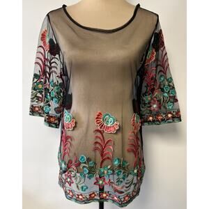 Boho embroidered Black mesh tunic Top Lg Floral Folk Y2K Hippie Festival Whimsy
